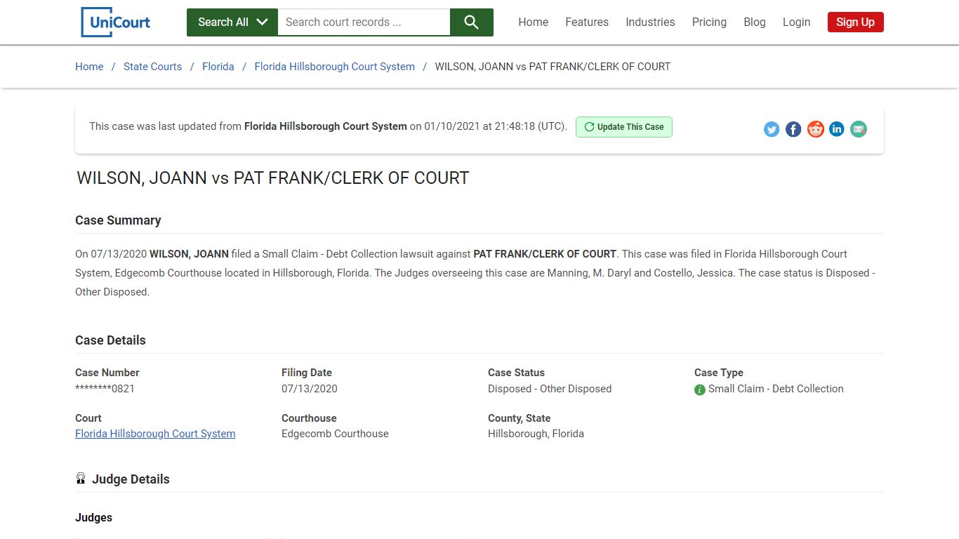 WILSON, JOANN vs PAT FRANK/CLERK OF COURT | Court Records - UniCourt